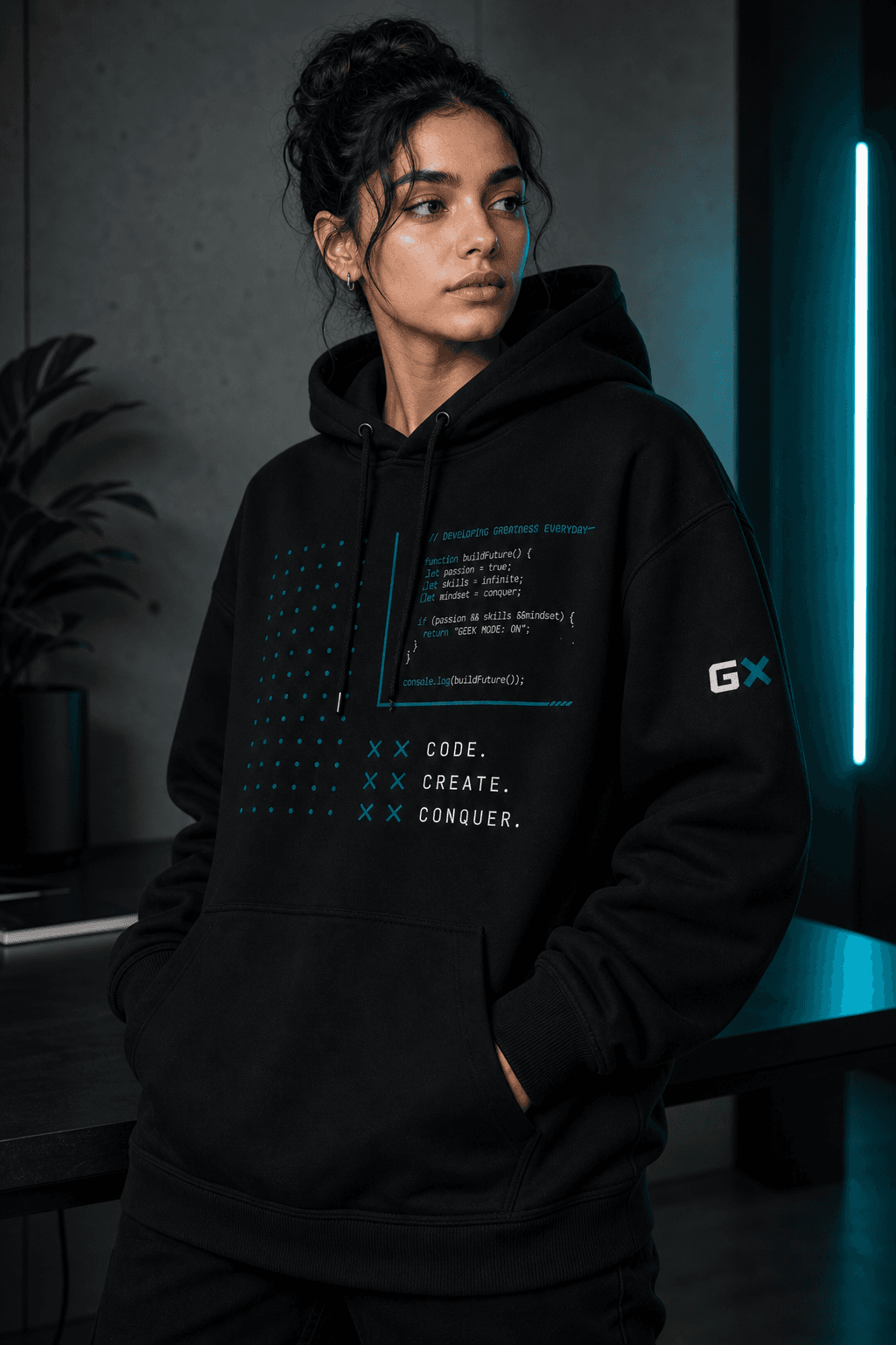 Female model wearing a GeekX black hoodie with code-inspired graphics