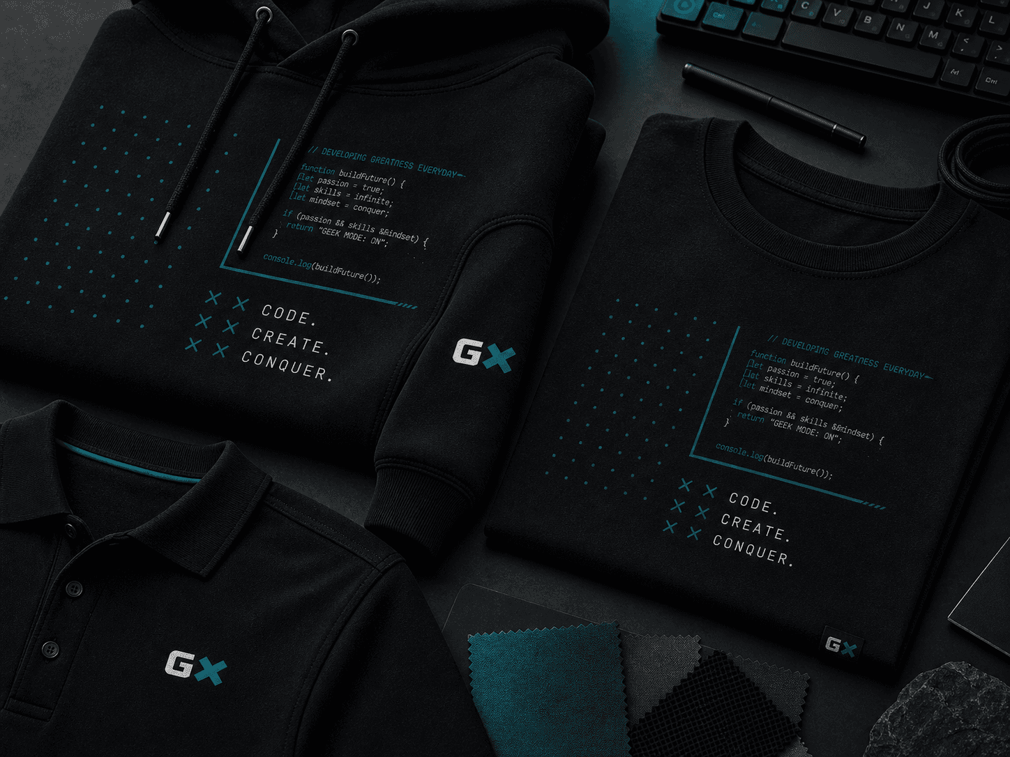 GeekX apparel flat lay showing hoodie, tee, polo, and GX graphics